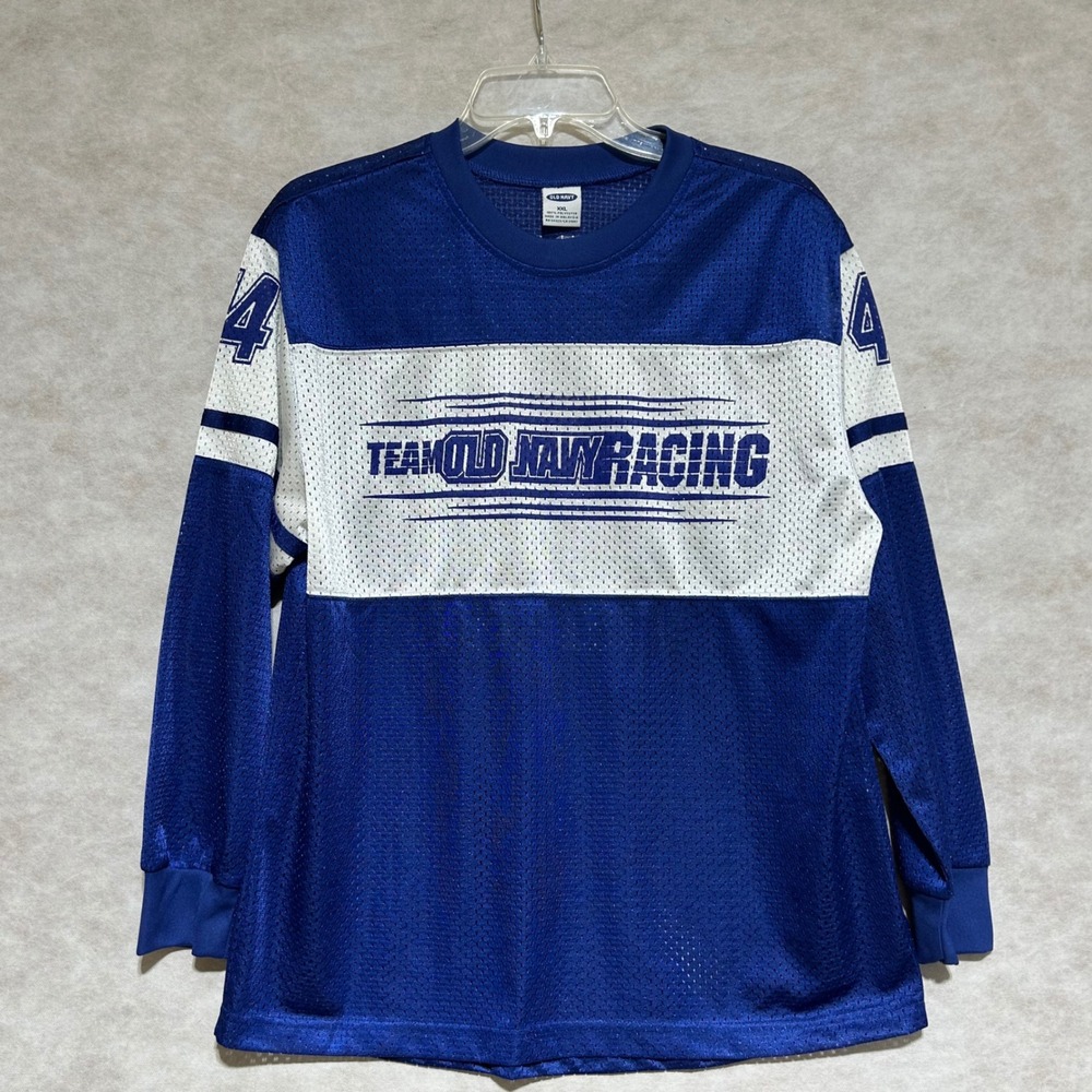 Old Navy Racing Team Jersey Mens‎ XXL Blue White Long Sleeve Mesh Graphic 44 Top